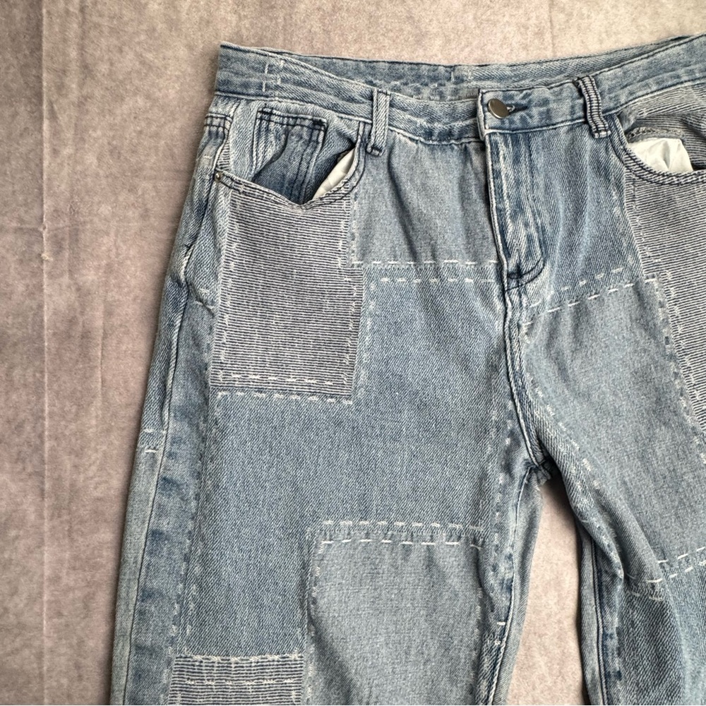 Patchwork Denim Jeans high rise straight leg 90’s grunge wide leg light wash 30 - Picture 8 of 8